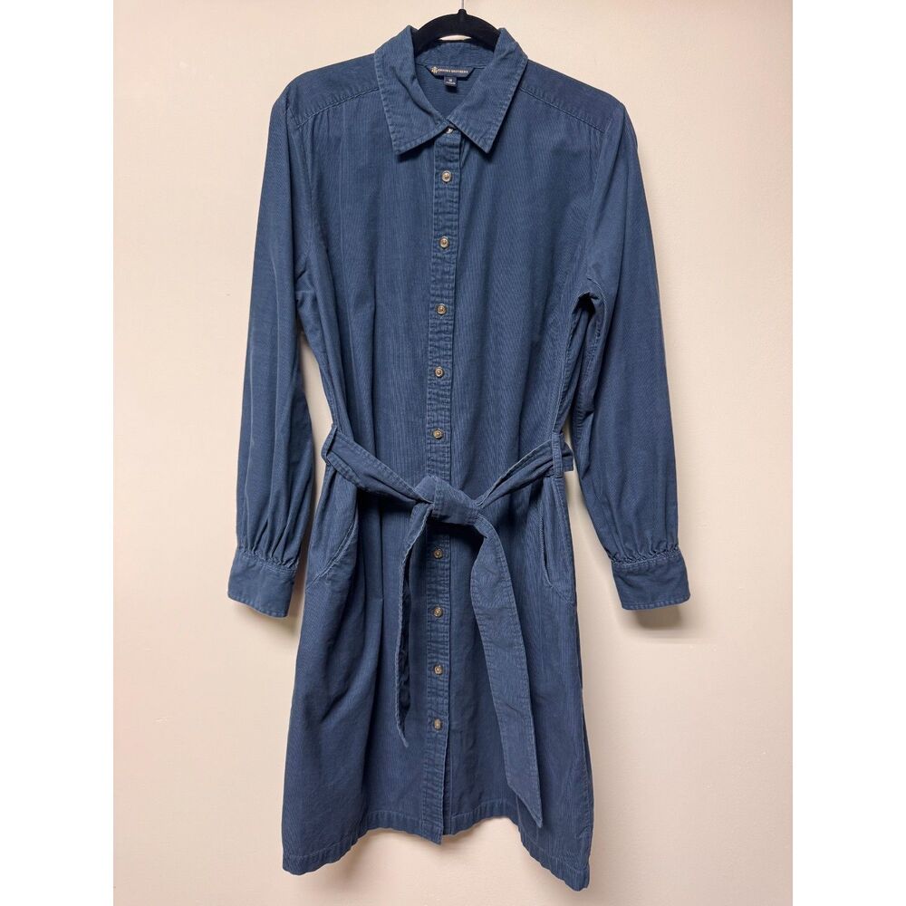 BROOKS BROTHERS 100% Cotton Fine-Wale Corduroy Tie Waist Shirt Dress, Teal, 14